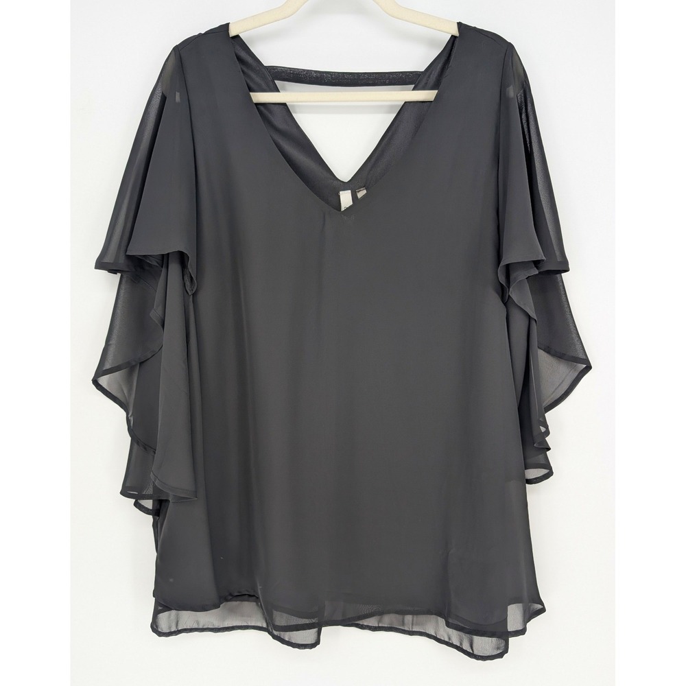 NY Collection Blouse Womens 2X Black Chiffon Flutter Sleeve V-Neck Elegant Goth